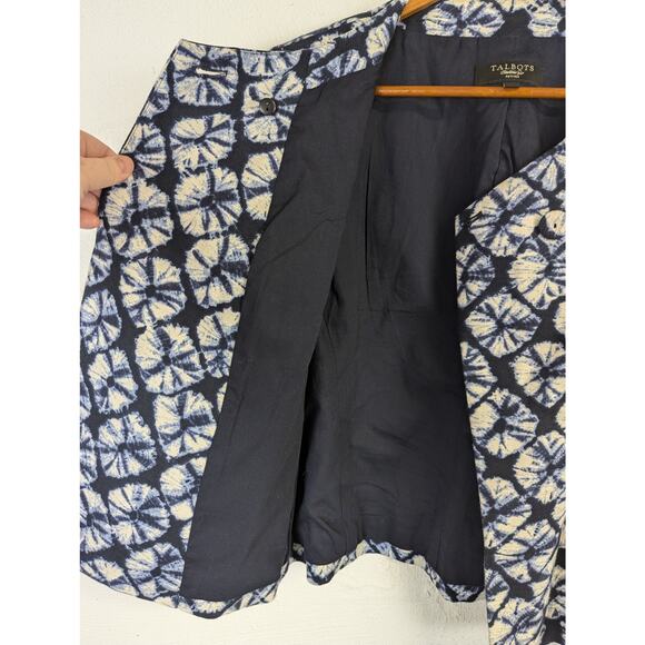 Talbots Printed Swing Blazer Womens 12 Petite Blue Tie Dye Florals Retro Office - Picture 2 of 6